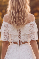 Load image into Gallery viewer, Ivory Floral Lace Tiered Two Piece Off the Shoulder Long Boho Wedding Dress