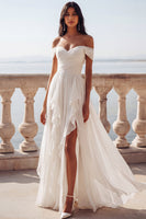 Load image into Gallery viewer, Ivory Chiffon A Line Ruffled Sweep Train Beach Wedding Dress with Slit