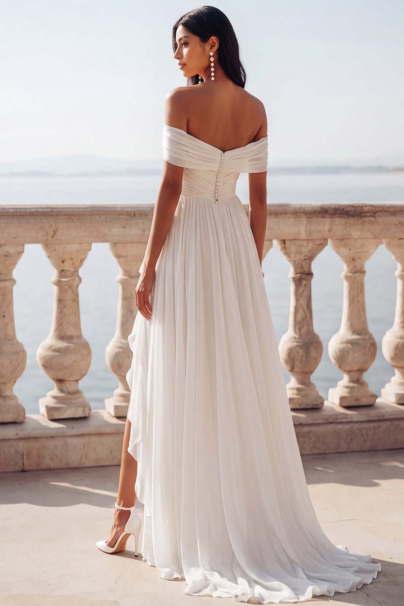 Load image into Gallery viewer, Ivory Chiffon A Line Ruffled Sweep Train Beach Wedding Dress with Slit