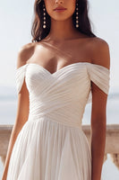 Load image into Gallery viewer, Ivory Chiffon A Line Ruffled Sweep Train Beach Wedding Dress with Slit