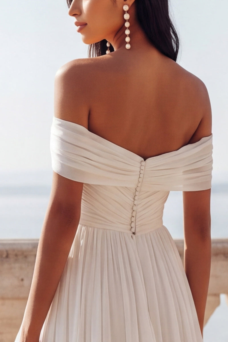 Load image into Gallery viewer, Ivory Chiffon A Line Ruffled Sweep Train Beach Wedding Dress with Slit