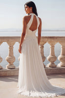 Load image into Gallery viewer, Ivory Halter Keyhole Sweep Train Ruched Beach Wedding Dress with Slit