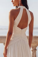 Load image into Gallery viewer, Ivory Halter Keyhole Sweep Train Ruched Beach Wedding Dress with Slit