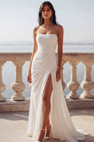 Load image into Gallery viewer, Ivory A Line Ruched Strapless Sweep Train Beach Wedding Dress with Slit