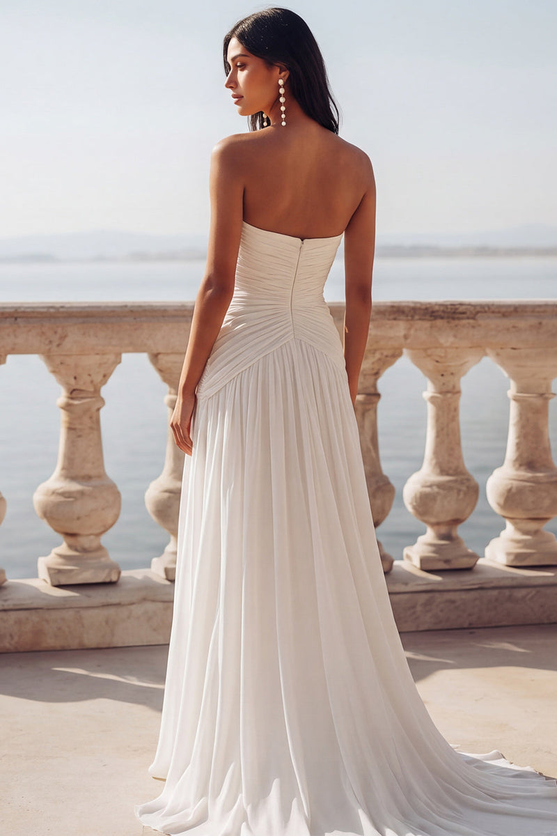 Load image into Gallery viewer, Ivory A Line Ruched Strapless Sweep Train Beach Wedding Dress with Slit