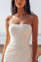 Load image into Gallery viewer, Ivory A Line Ruched Strapless Sweep Train Beach Wedding Dress with Slit