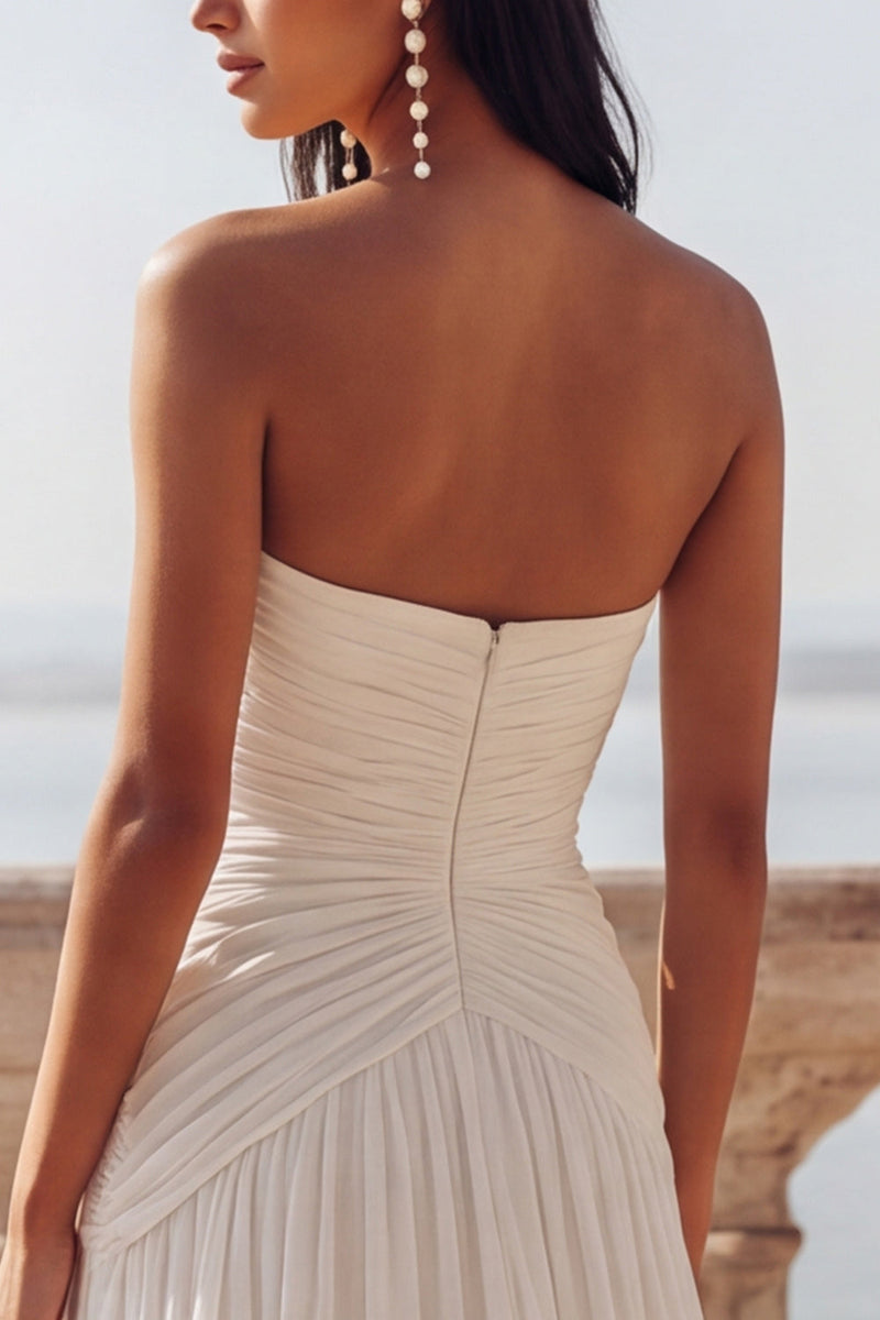 Load image into Gallery viewer, Ivory A Line Ruched Strapless Sweep Train Beach Wedding Dress with Slit