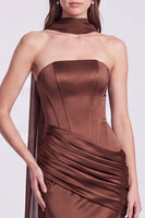 Load image into Gallery viewer, White and Black  Corset Draped Satin Mermaid Strapless Long Formal Dress