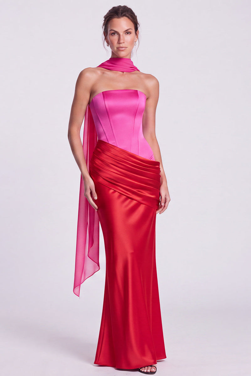 Load image into Gallery viewer, White and Black  Corset Draped Satin Mermaid Strapless Long Formal Dress