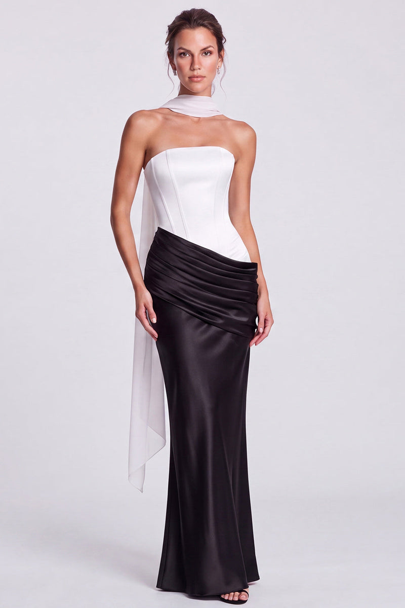 Load image into Gallery viewer, White and Black  Corset Draped Satin Mermaid Strapless Long Formal Dress