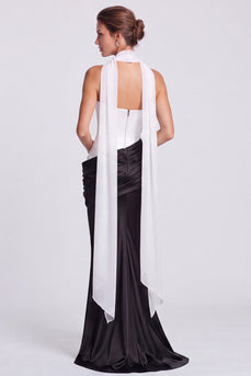 White and Black  Corset Draped Satin Mermaid Strapless Long Formal Dress