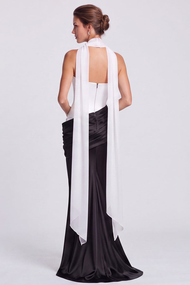 Load image into Gallery viewer, White and Black  Corset Draped Satin Mermaid Strapless Long Formal Dress