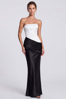 Load image into Gallery viewer, White and Black  Corset Draped Satin Mermaid Strapless Long Formal Dress