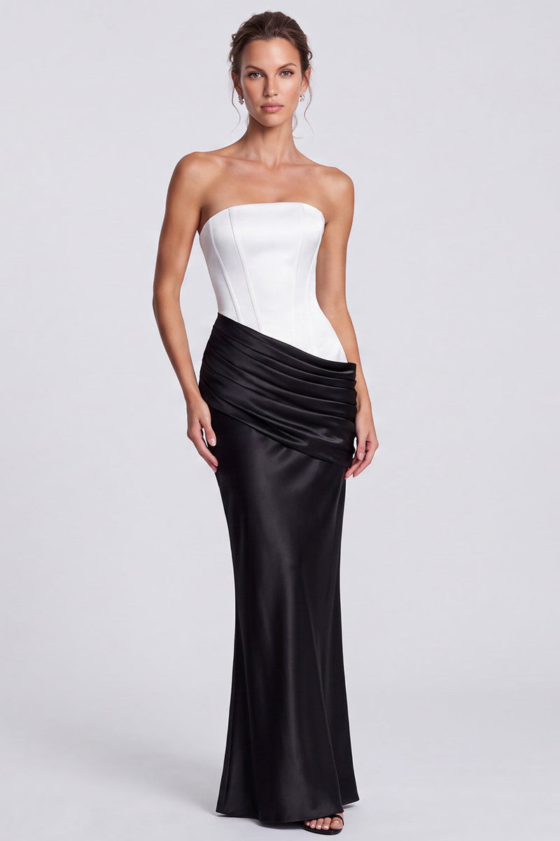 Load image into Gallery viewer, White and Black  Corset Draped Satin Mermaid Strapless Long Formal Dress