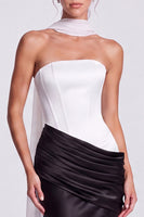 Load image into Gallery viewer, White and Black  Corset Draped Satin Mermaid Strapless Long Formal Dress