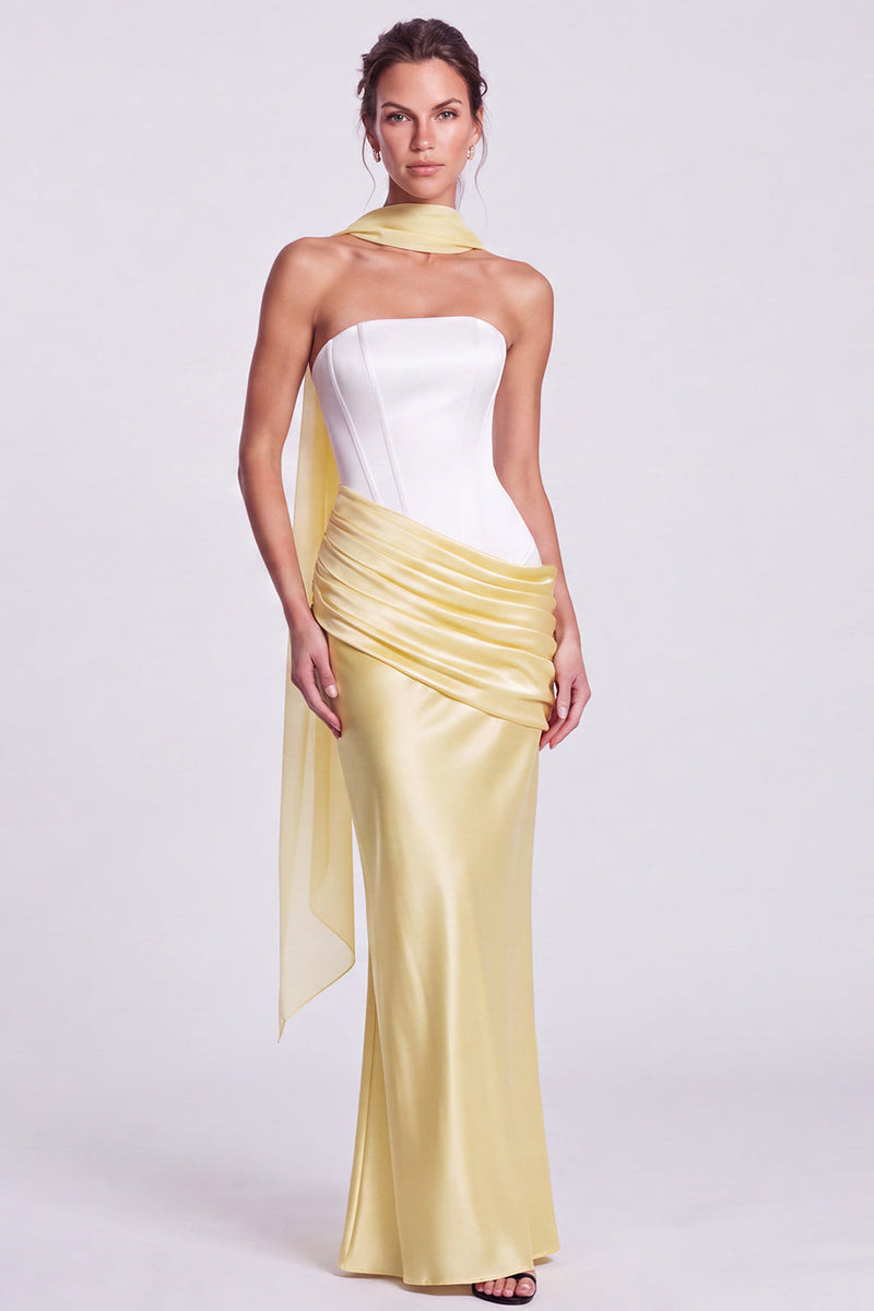 Load image into Gallery viewer, White and Black  Corset Draped Satin Mermaid Strapless Long Formal Dress