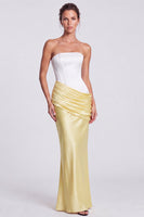 Load image into Gallery viewer, White and Black  Corset Draped Satin Mermaid Strapless Long Formal Dress