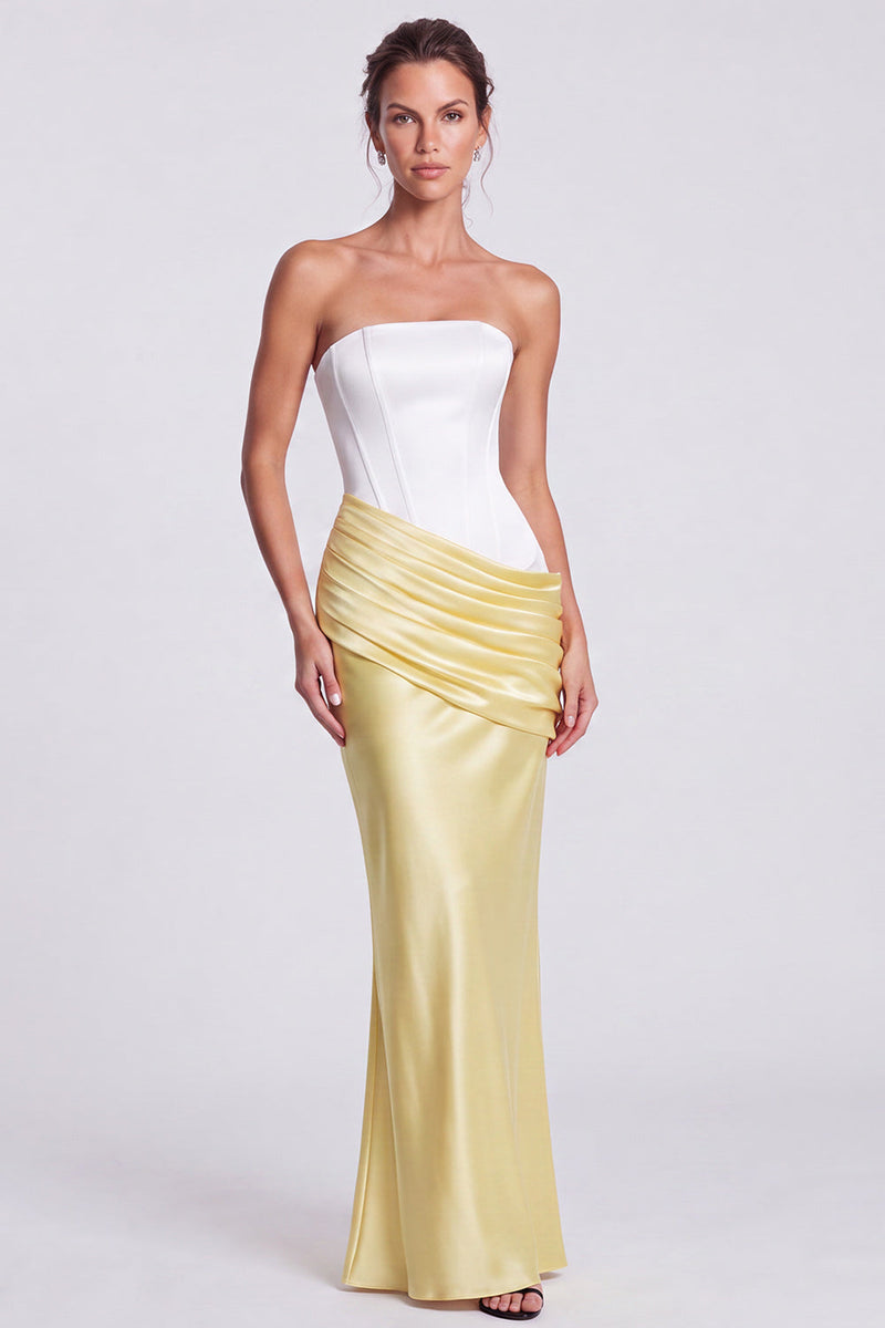 Load image into Gallery viewer, White and Black  Corset Draped Satin Mermaid Strapless Long Formal Dress