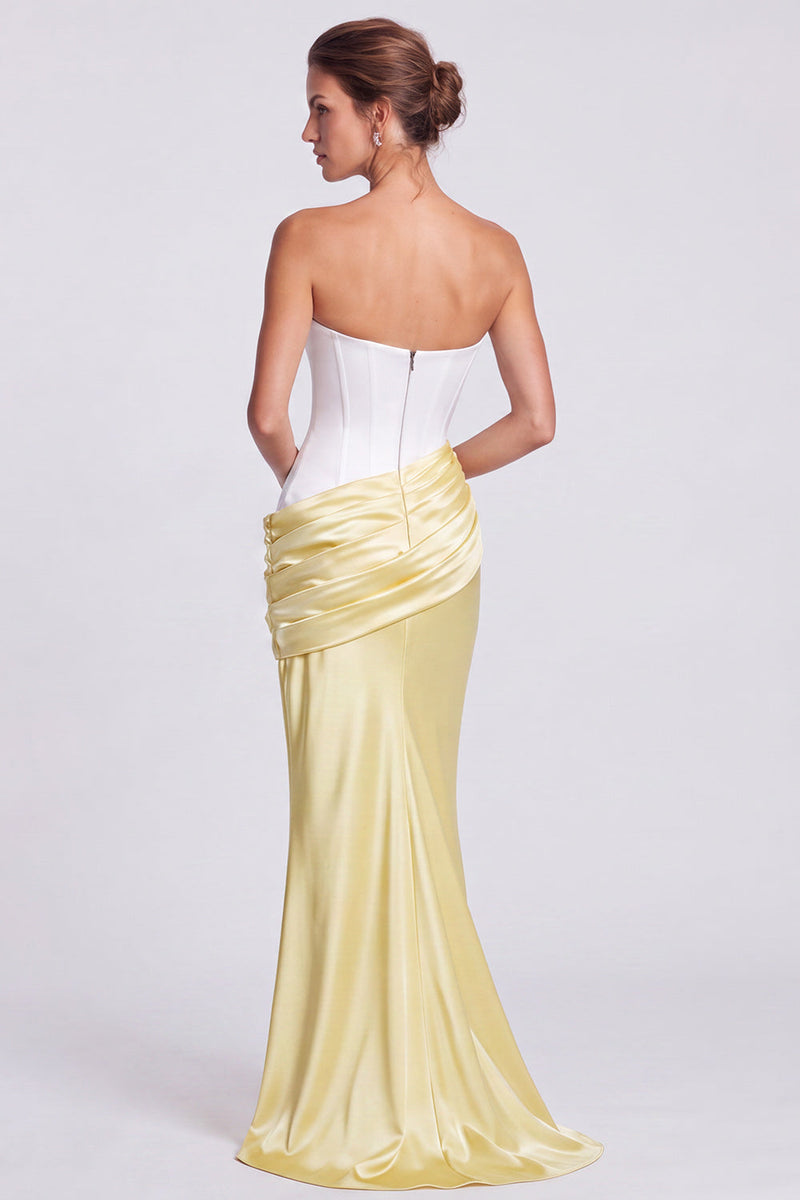 Load image into Gallery viewer, White and Black  Corset Draped Satin Mermaid Strapless Long Formal Dress