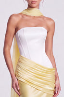 Load image into Gallery viewer, White and Black  Corset Draped Satin Mermaid Strapless Long Formal Dress