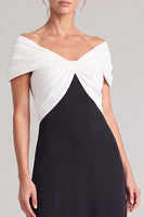 Load image into Gallery viewer, A Line Black and White Ruched Off The Shoulder Long Formal Dress
