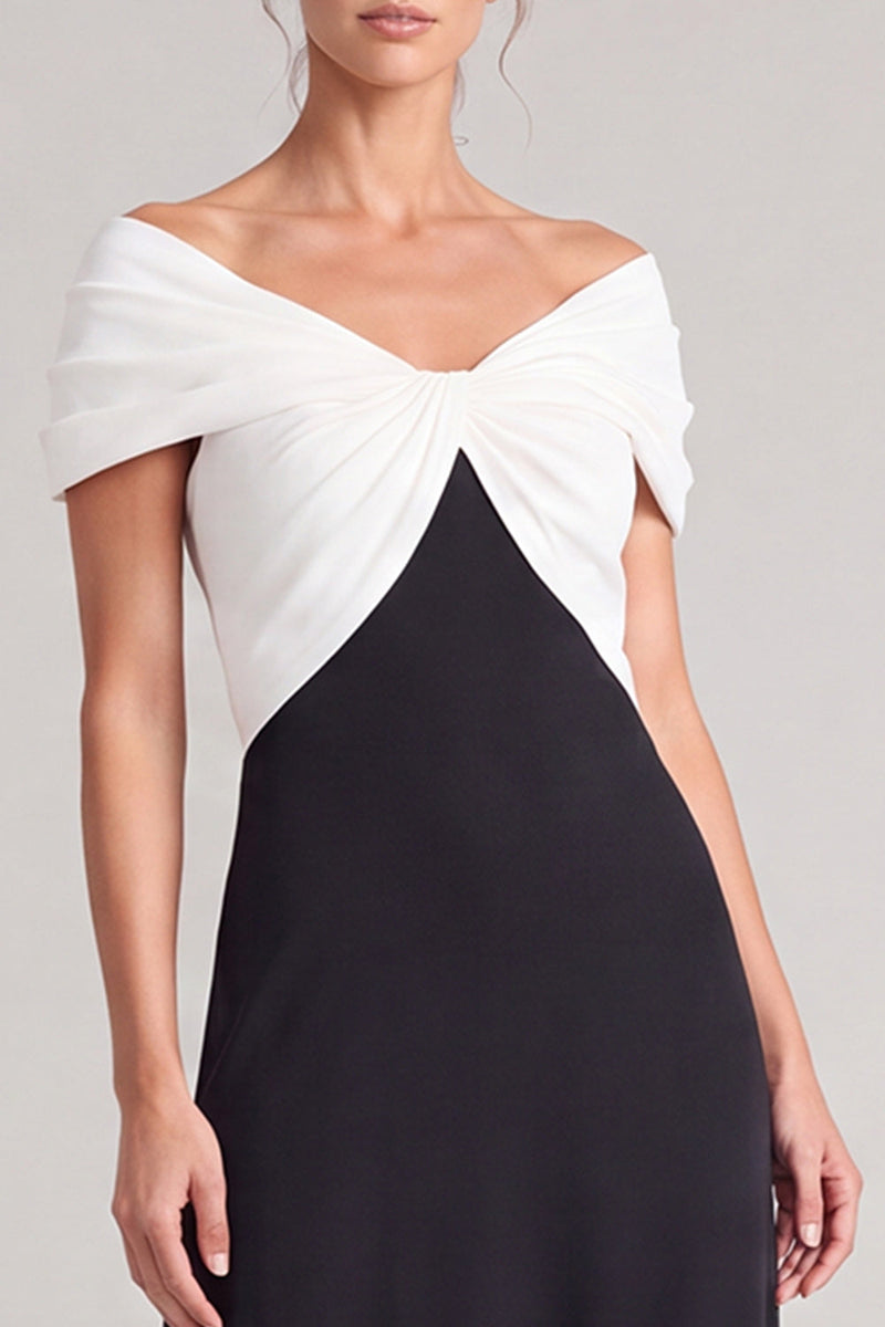 Load image into Gallery viewer, A Line Black and White Ruched Off The Shoulder Long Formal Dress