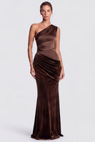 Load image into Gallery viewer, Fuchsia and Red One Shoulder Draped Mermaid Velvet Long Formal Dress