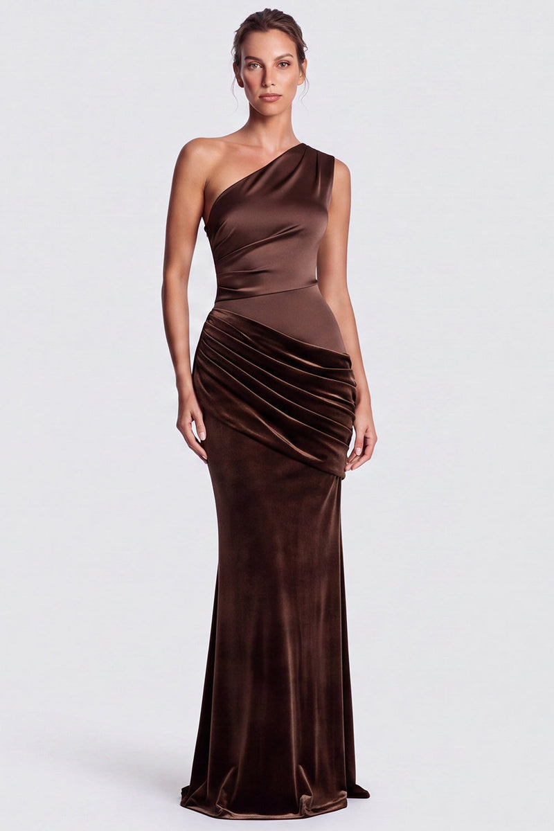 Load image into Gallery viewer, Fuchsia and Red One Shoulder Draped Mermaid Velvet Long Formal Dress