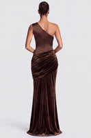 Load image into Gallery viewer, Fuchsia and Red One Shoulder Draped Mermaid Velvet Long Formal Dress