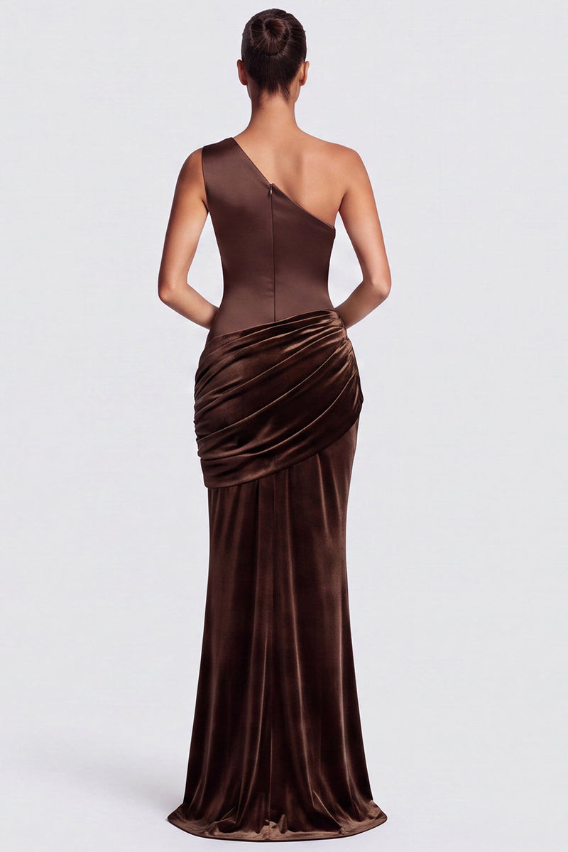 Load image into Gallery viewer, Fuchsia and Red One Shoulder Draped Mermaid Velvet Long Formal Dress