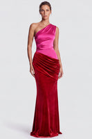 Load image into Gallery viewer, Fuchsia and Red One Shoulder Draped Mermaid Velvet Long Formal Dress