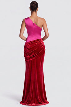 Fuchsia and Red One Shoulder Draped Mermaid Velvet Long Formal Dress