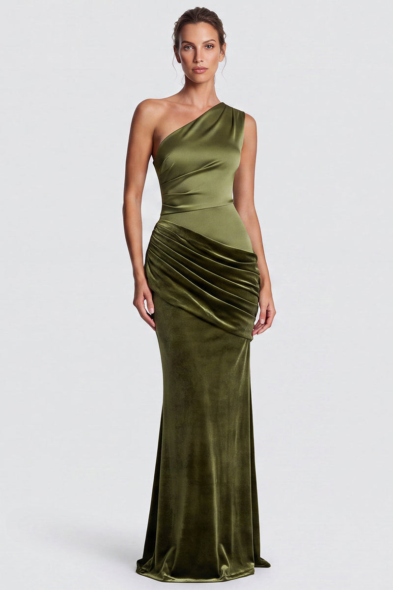 Load image into Gallery viewer, Fuchsia and Red One Shoulder Draped Mermaid Velvet Long Formal Dress