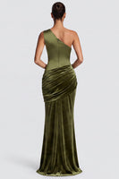 Load image into Gallery viewer, Fuchsia and Red One Shoulder Draped Mermaid Velvet Long Formal Dress