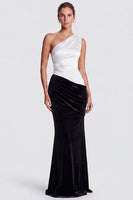 Load image into Gallery viewer, Fuchsia and Red One Shoulder Draped Mermaid Velvet Long Formal Dress