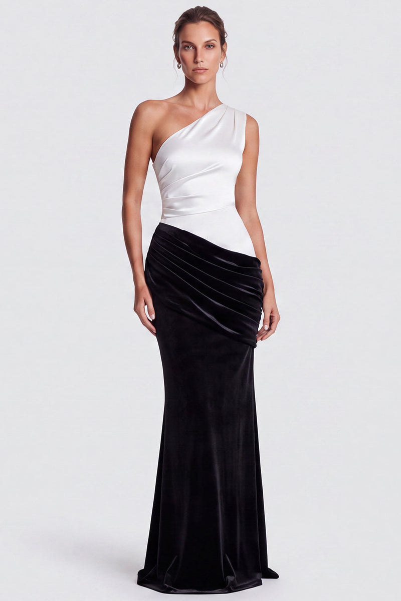 Load image into Gallery viewer, Fuchsia and Red One Shoulder Draped Mermaid Velvet Long Formal Dress