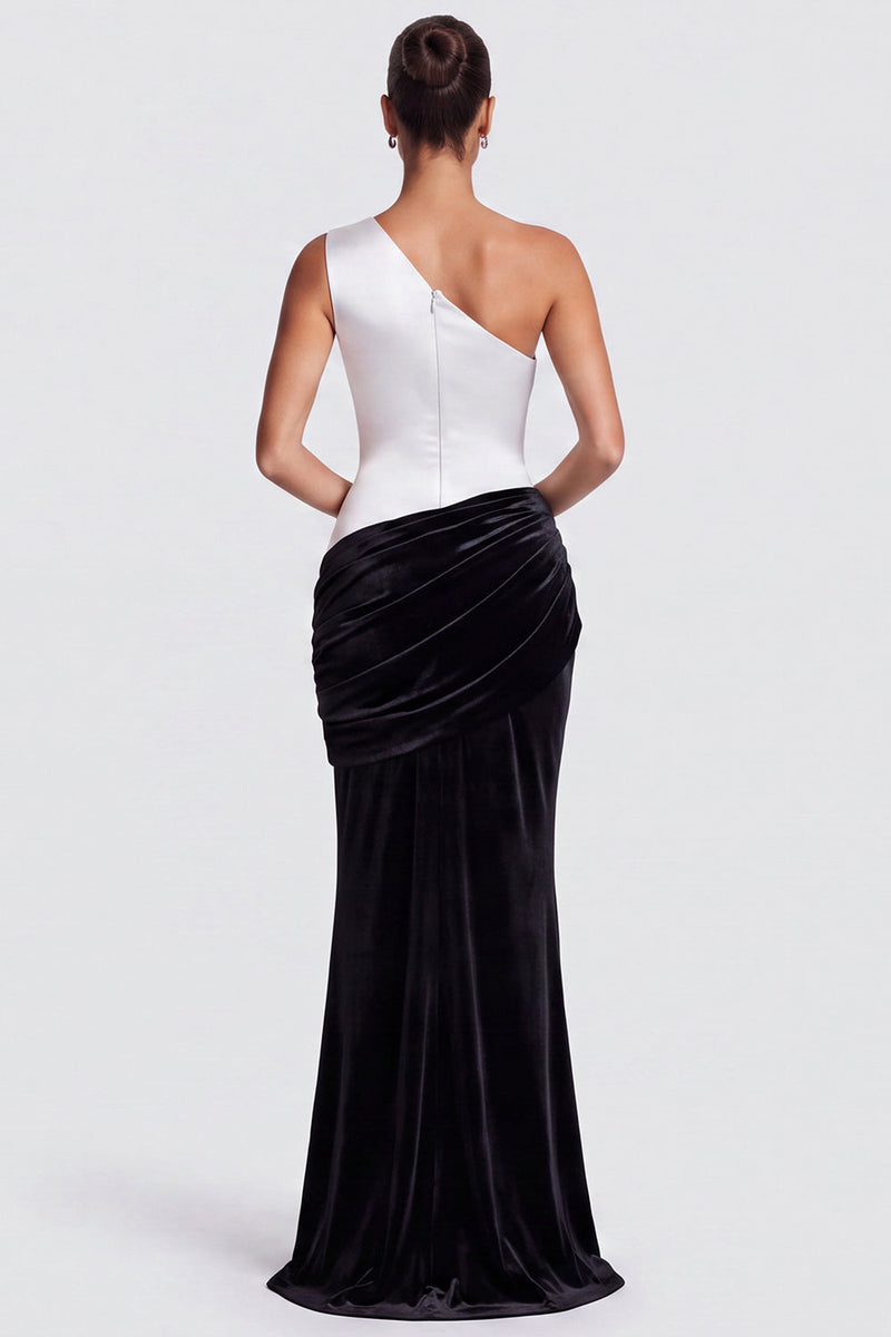 Load image into Gallery viewer, Fuchsia and Red One Shoulder Draped Mermaid Velvet Long Formal Dress
