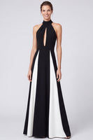 Load image into Gallery viewer, Black and White Halter Patchwork A Line Long Formal Dress with Keyhole