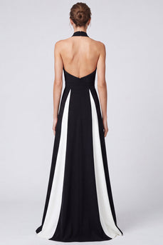 Black and White Halter Patchwork A Line Long Formal Dress with Keyhole