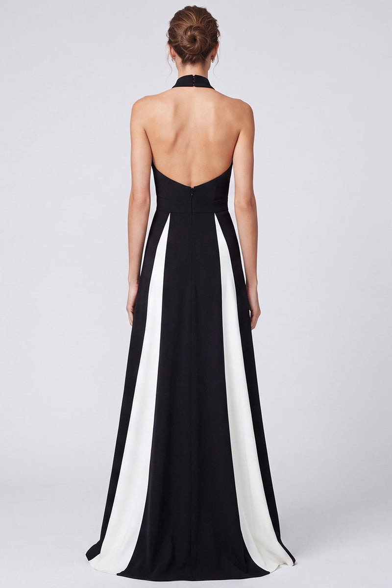 Load image into Gallery viewer, Black and White Halter Patchwork A Line Long Formal Dress with Keyhole