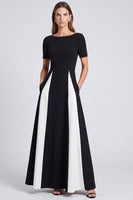 Load image into Gallery viewer, Black and White Boat Neck A Line Patchwork Long Formal Dress with Pockets