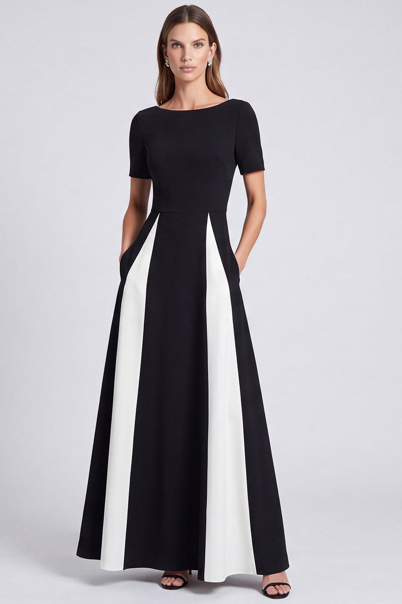 Load image into Gallery viewer, Black and White Boat Neck A Line Patchwork Long Formal Dress with Pockets