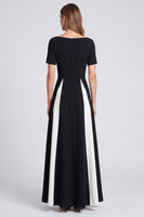 Load image into Gallery viewer, Black and White Boat Neck A Line Patchwork Long Formal Dress with Pockets