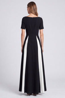 Black and White Boat Neck A Line Patchwork Long Formal Dress with Pockets