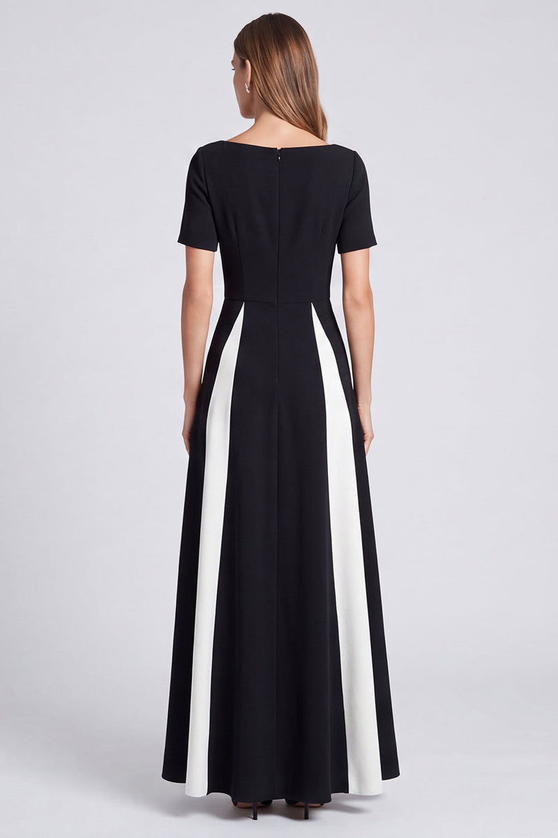 Load image into Gallery viewer, Black and White Boat Neck A Line Patchwork Long Formal Dress with Pockets