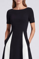 Load image into Gallery viewer, Black and White Boat Neck A Line Patchwork Long Formal Dress with Pockets