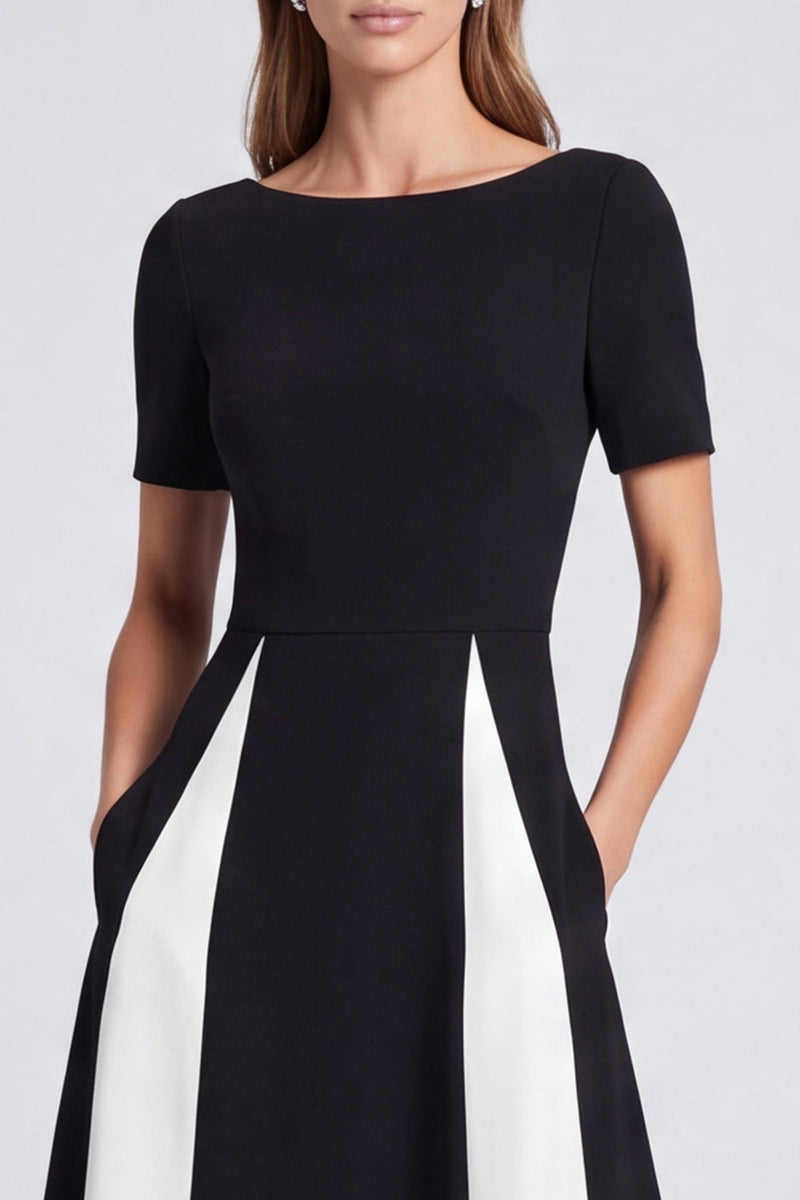 Load image into Gallery viewer, Black and White Boat Neck A Line Patchwork Long Formal Dress with Pockets