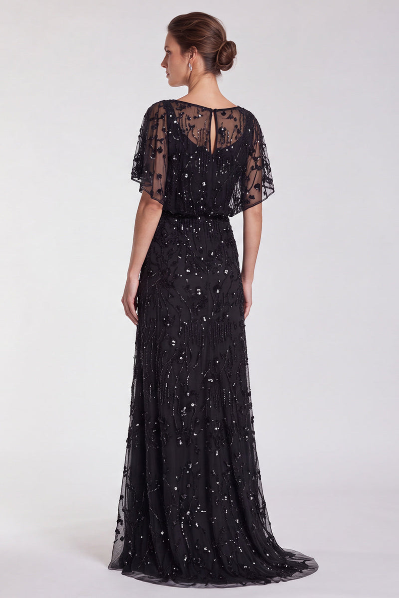 Load image into Gallery viewer, Sparkly Sky Blue Mermaid Floral Beaded Long Formal Dress with Sleeves