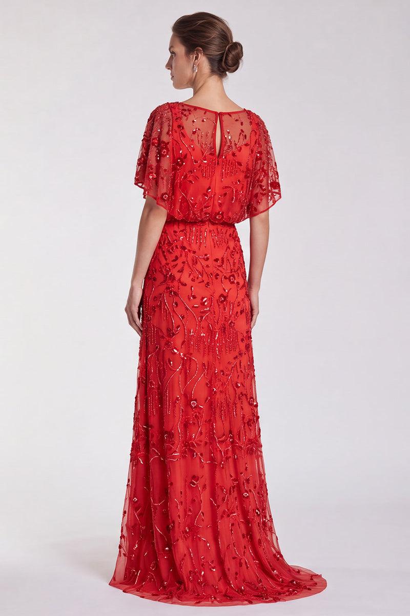 Load image into Gallery viewer, Sparkly Sky Blue Mermaid Floral Beaded Long Formal Dress with Sleeves