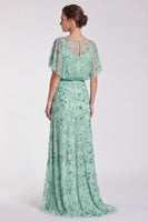 Load image into Gallery viewer, Sparkly Sky Blue Mermaid Floral Beaded Long Formal Dress with Sleeves